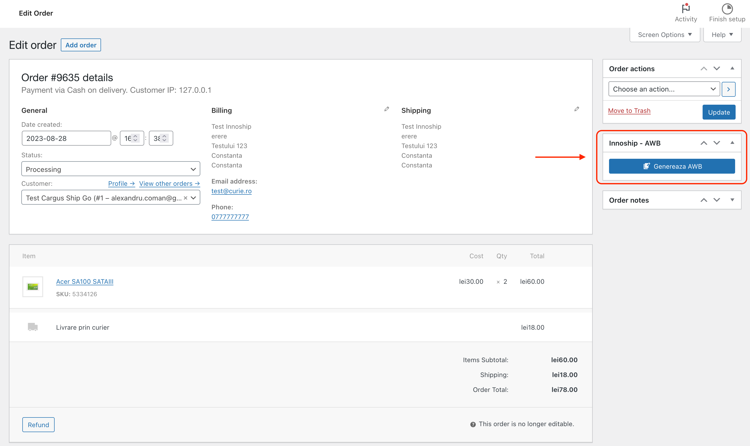 Innoship WooCommerce order AWB 1