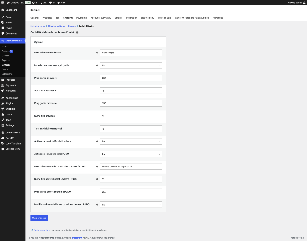 Ecolet: Ghid de completare a setărilor de livrare 1 WooCommerce settings ‹ CurieRO Test — WordPress